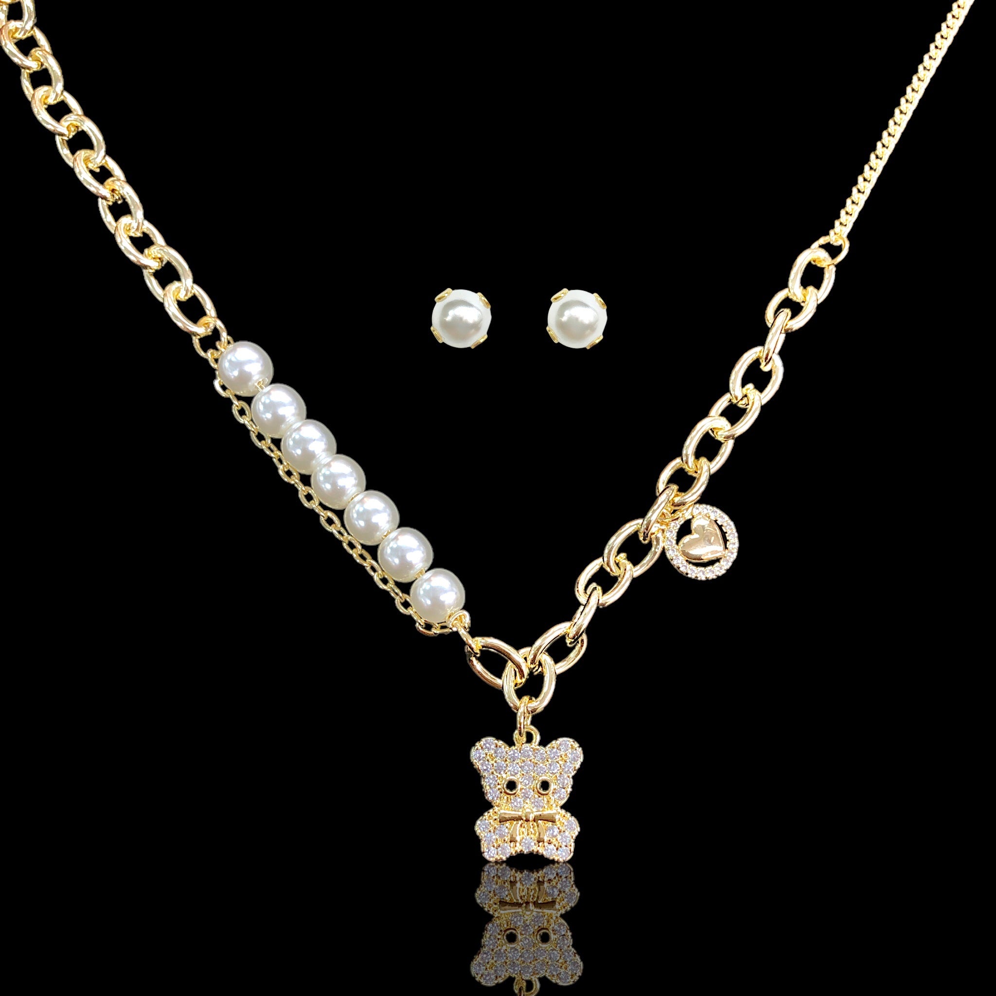 18K Gold Filled CZ Teddy Bear Pearl Heart Set - Kuania Oro Laminado