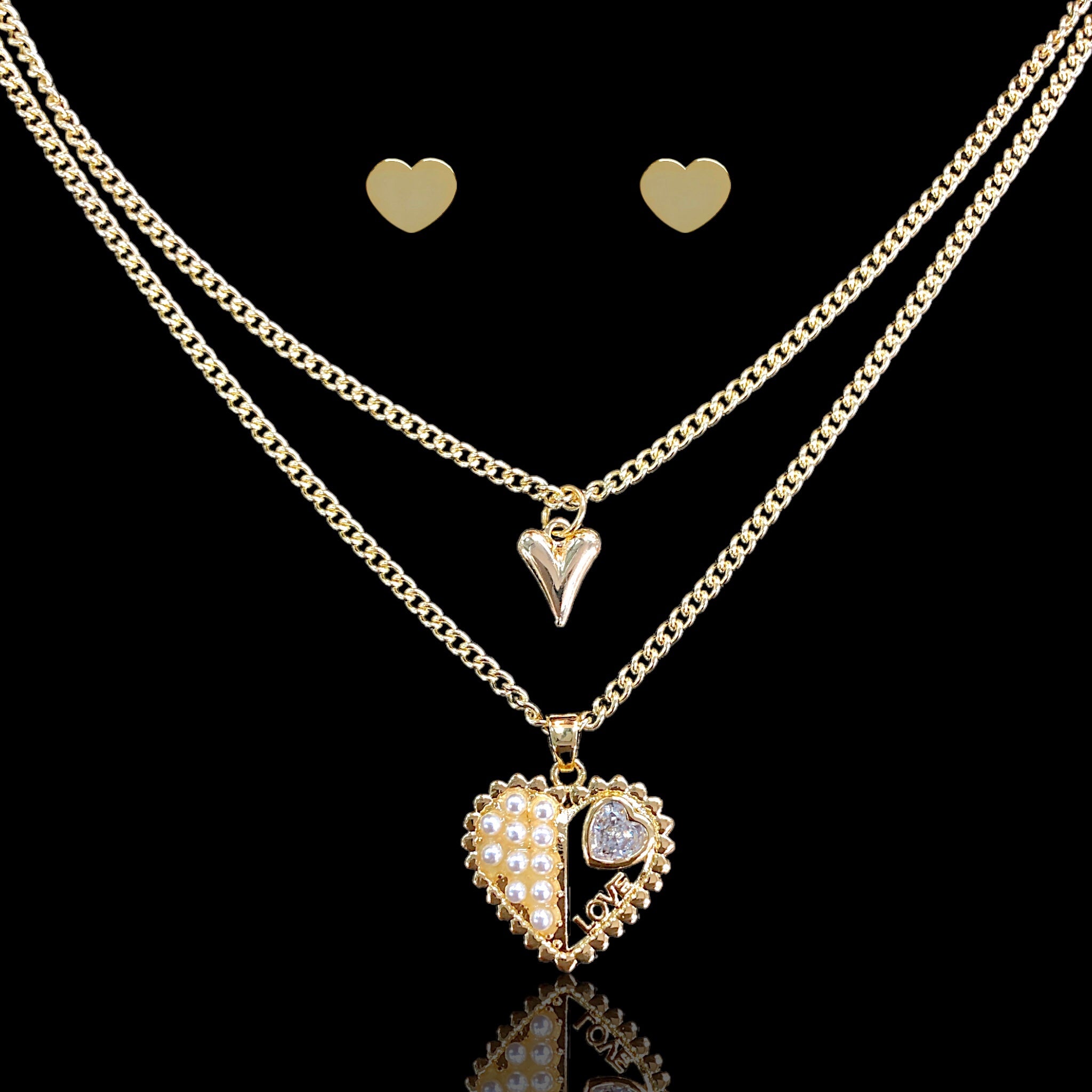 18K Gold Filled CZ Timeless Pearl Heart Layered Necklace Set - Kuania Oro Laminado