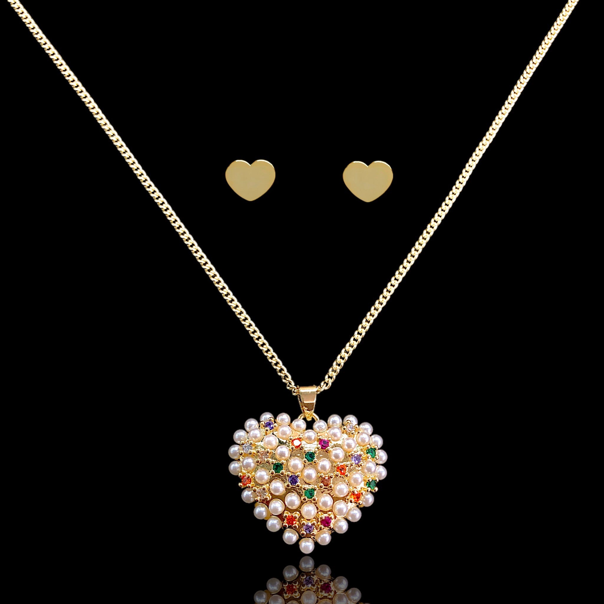 18K Gold Filled Bountiful Pearl and CZ Heart Set - Kuania Oro Laminado