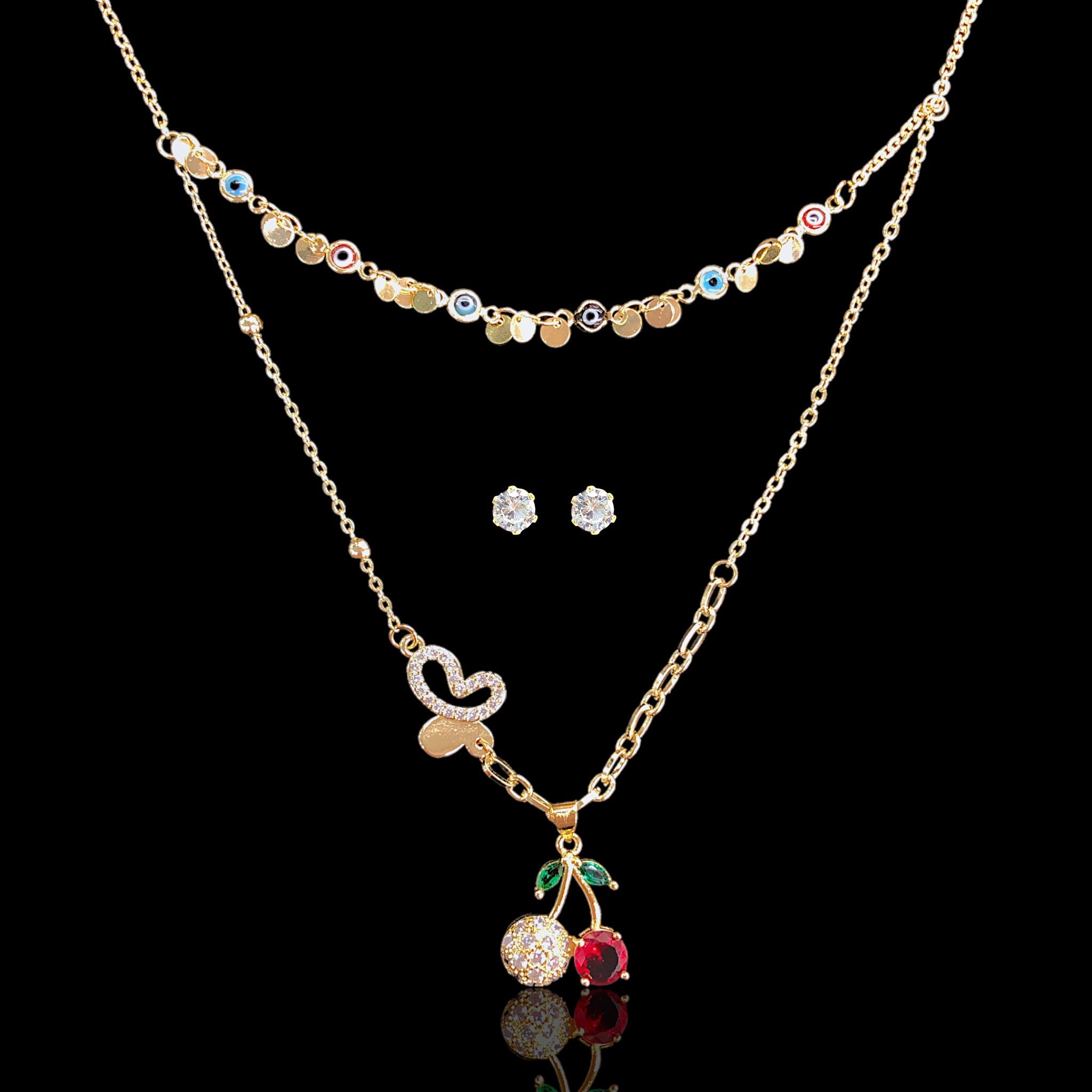 18K Gold Filled Cherry and Butterfly Evil Eyes Layered Necklace Set - Kuania Oro Laminado