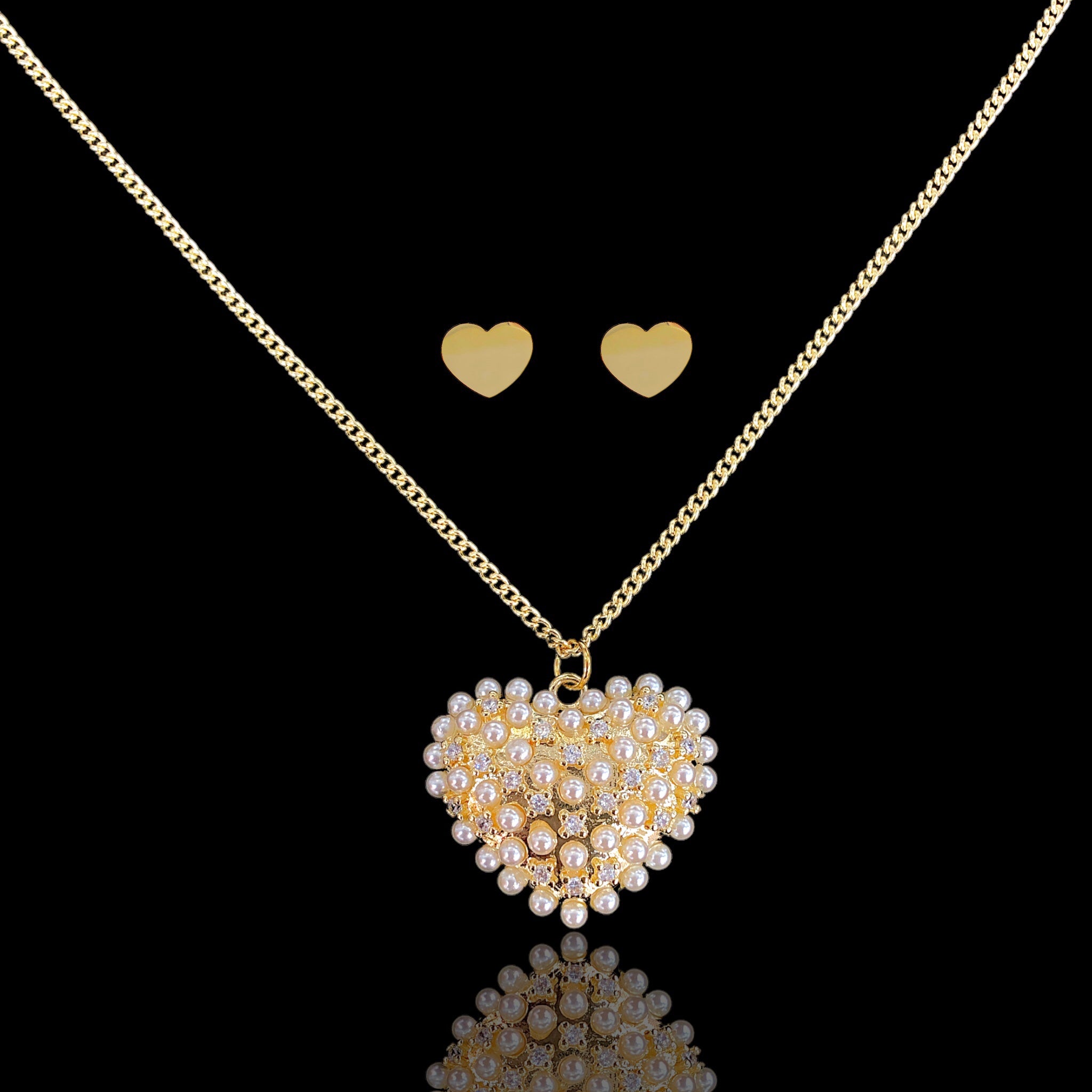 18K Gold Filled Bountiful Pearl and CZ Heart Set - Kuania Oro Laminado