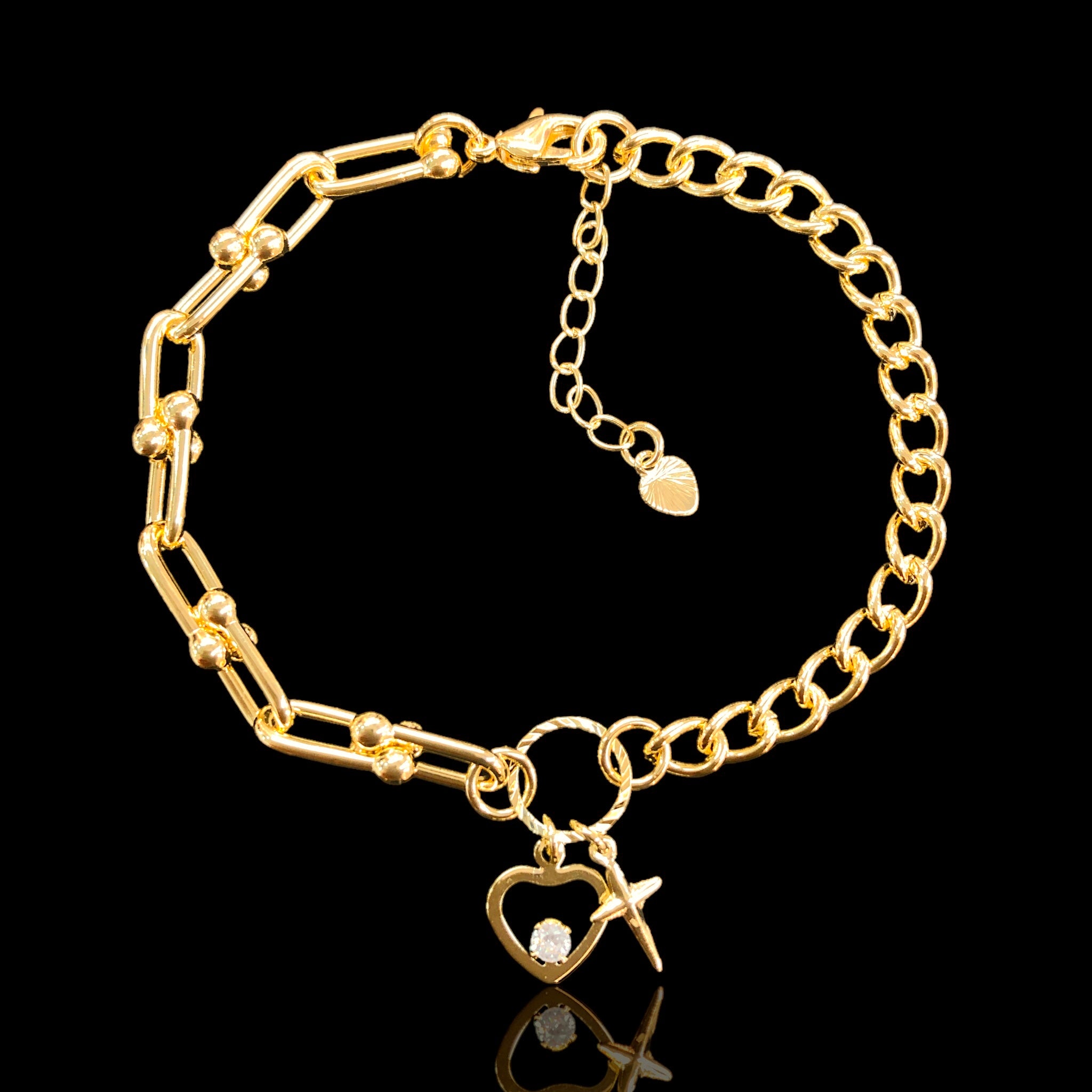 18k Gold Filled Cuban U-Link Heart and Cross Bracelet