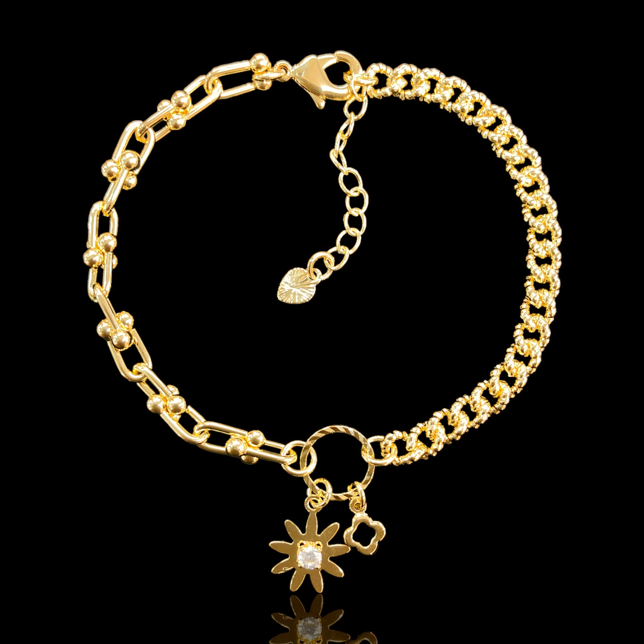 18k Gold Filled Diamond Cut Cuban U-Link Sun and 4 Leaf Clover Bracelet