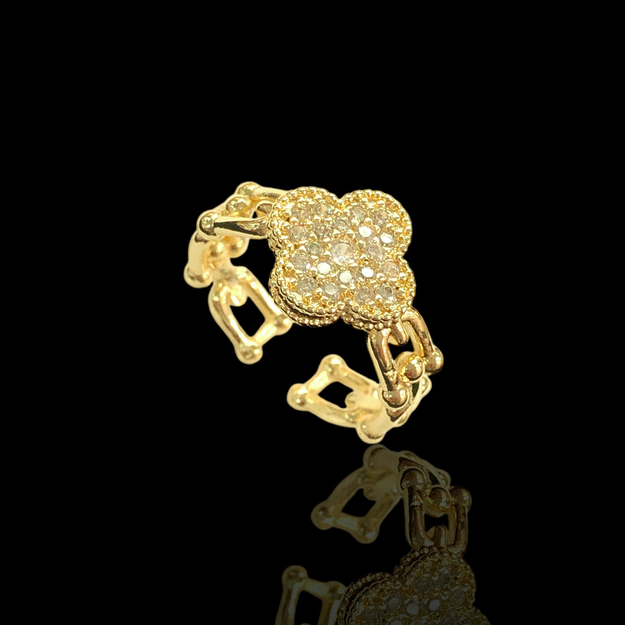 18K Gold Filled U-Link Lucky Four Leaf Clover CZ Ring