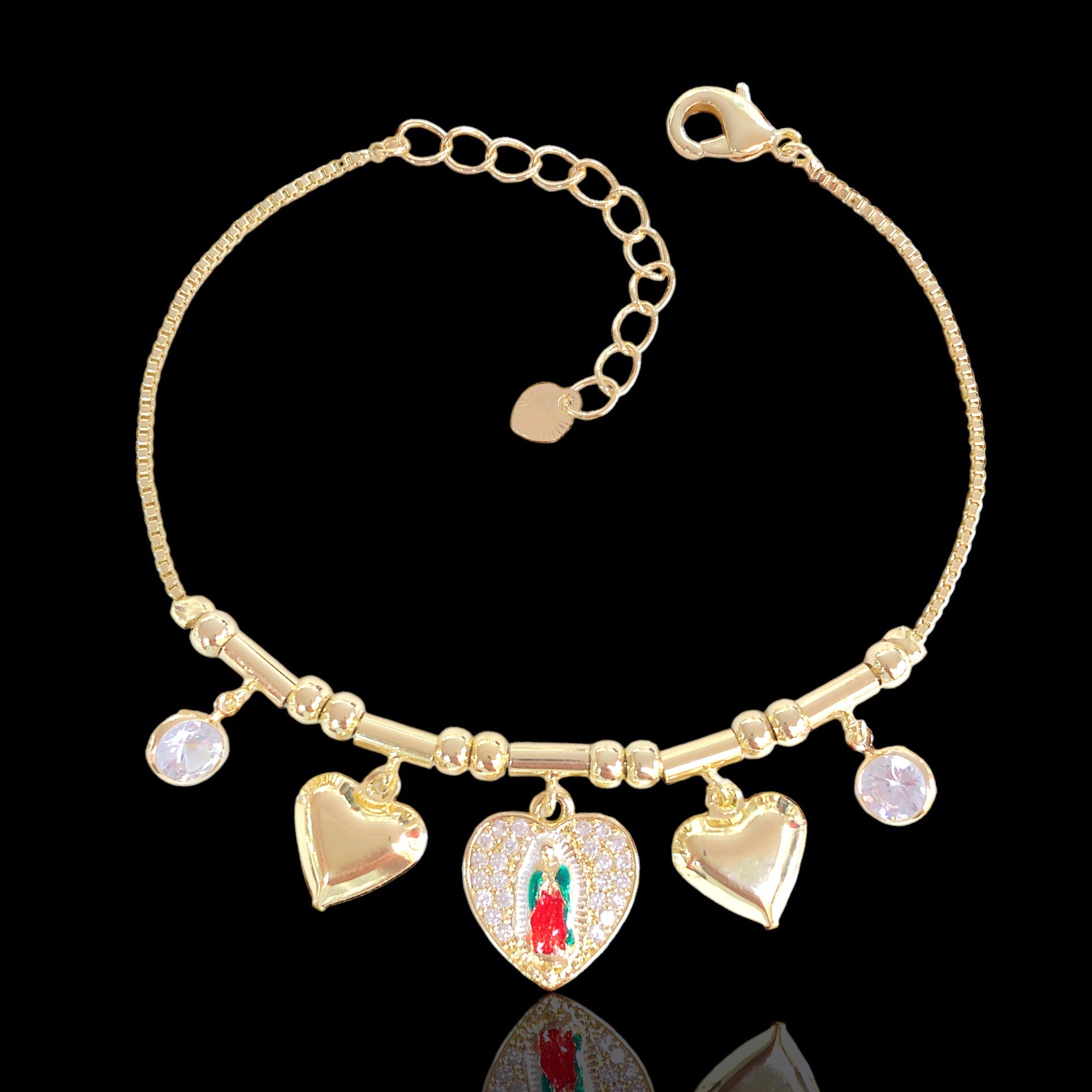 Oro Laminado Gold Filled Guadalupe Heart Charm CZ Bracelet