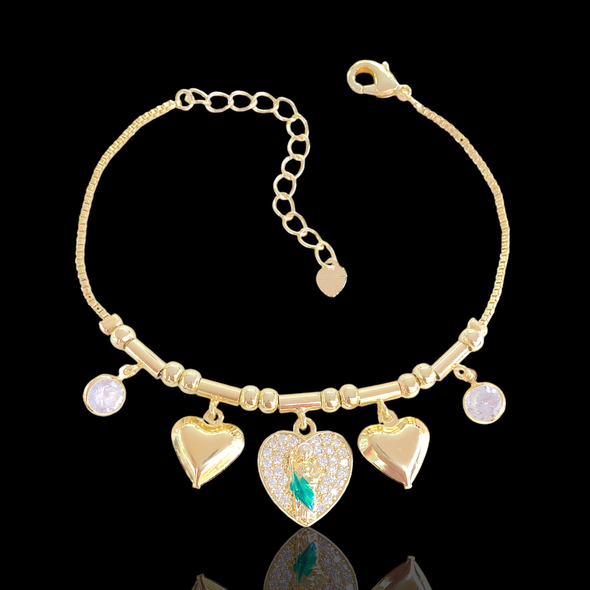 Oro Laminado Gold Filled San Judas Heart Charm CZ Bracelet