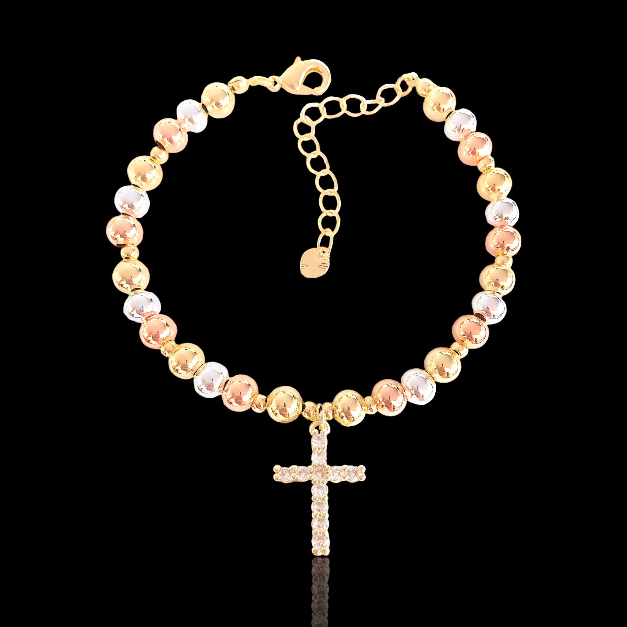 Oro Laminado Gold Filled CZ Cross Tricolor Beaded Bracelet 