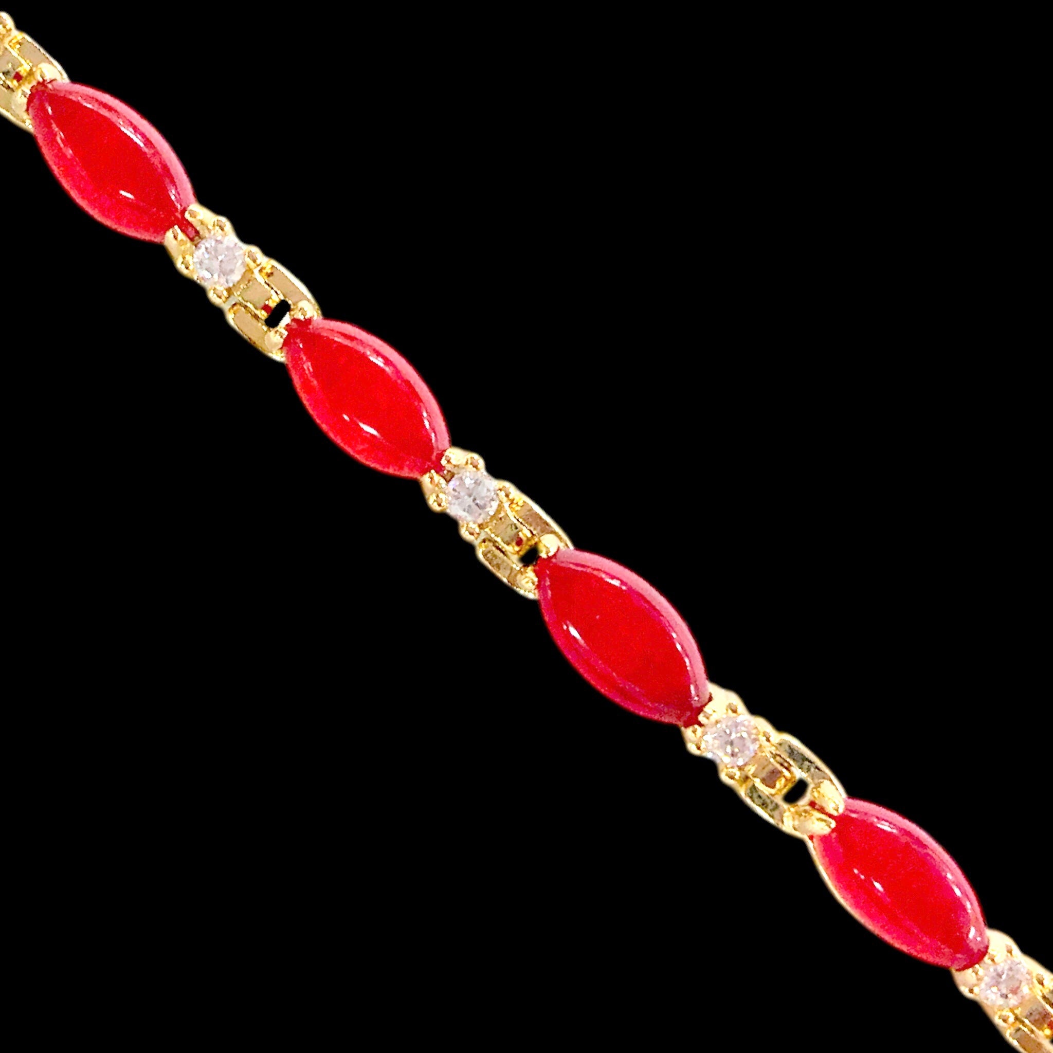 Oro Laminado Gold Filled Lucky Red Jade Oval CZ Bracelet