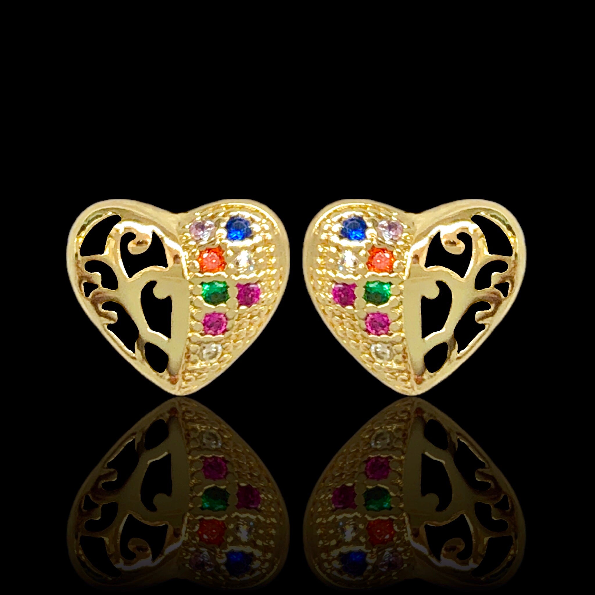 Oro Laminado Rainbow Gem Heart Stud Earrings (Pack of 12)