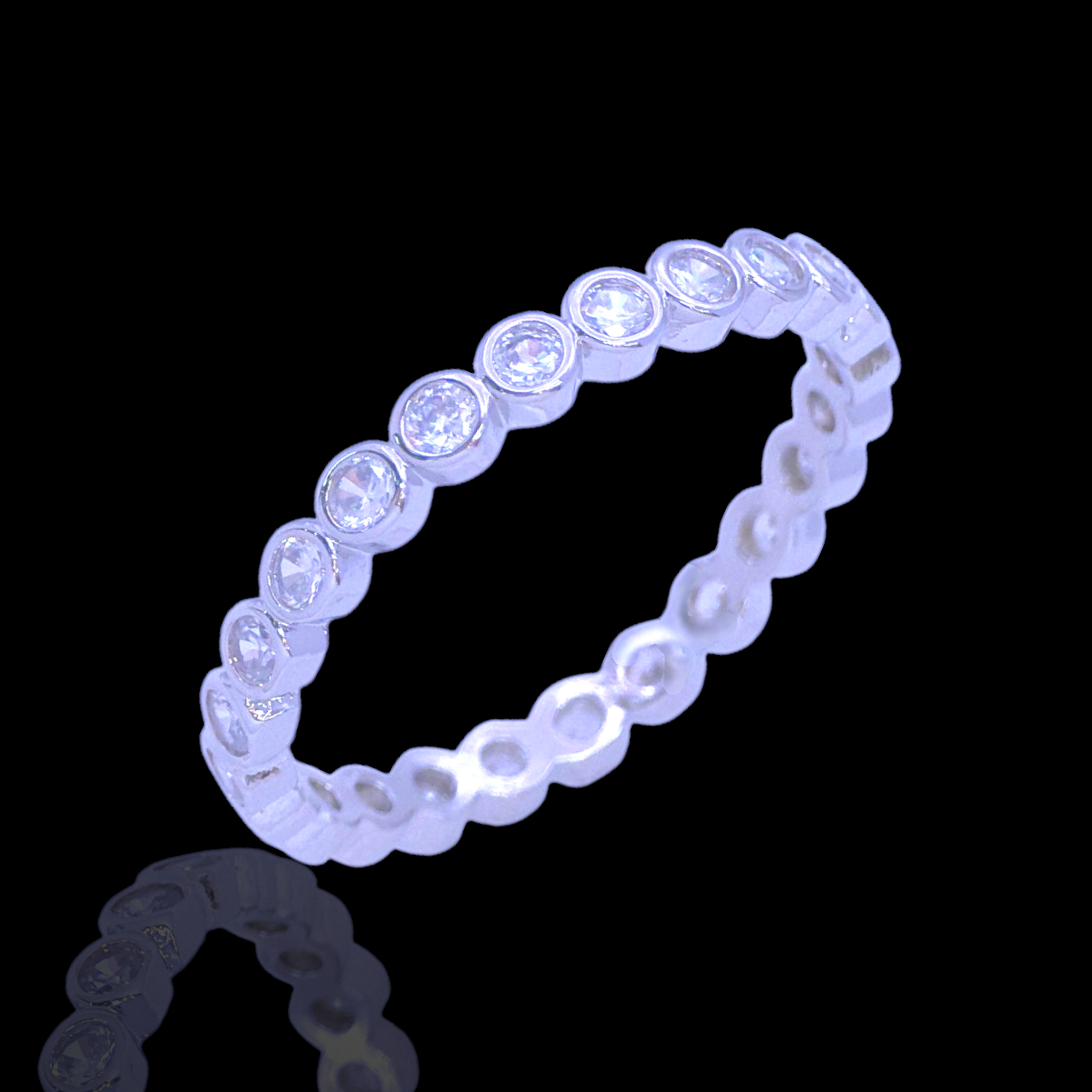 Rhodium Layered French Bezel 2mm Zirconia Eternity Ring