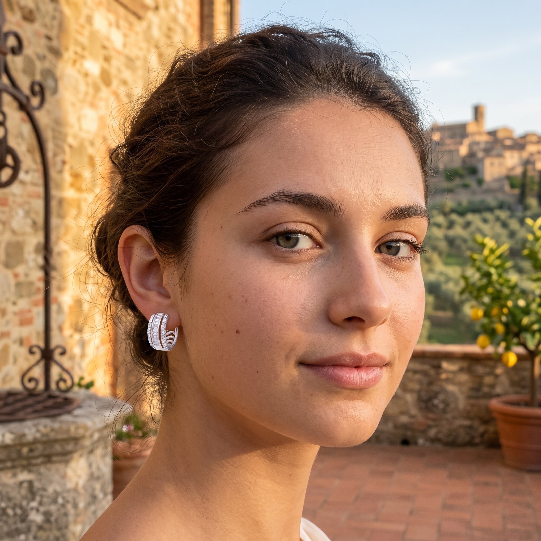 Rhodium Layered Geneva Baguette Zirconia Huggie Earrings