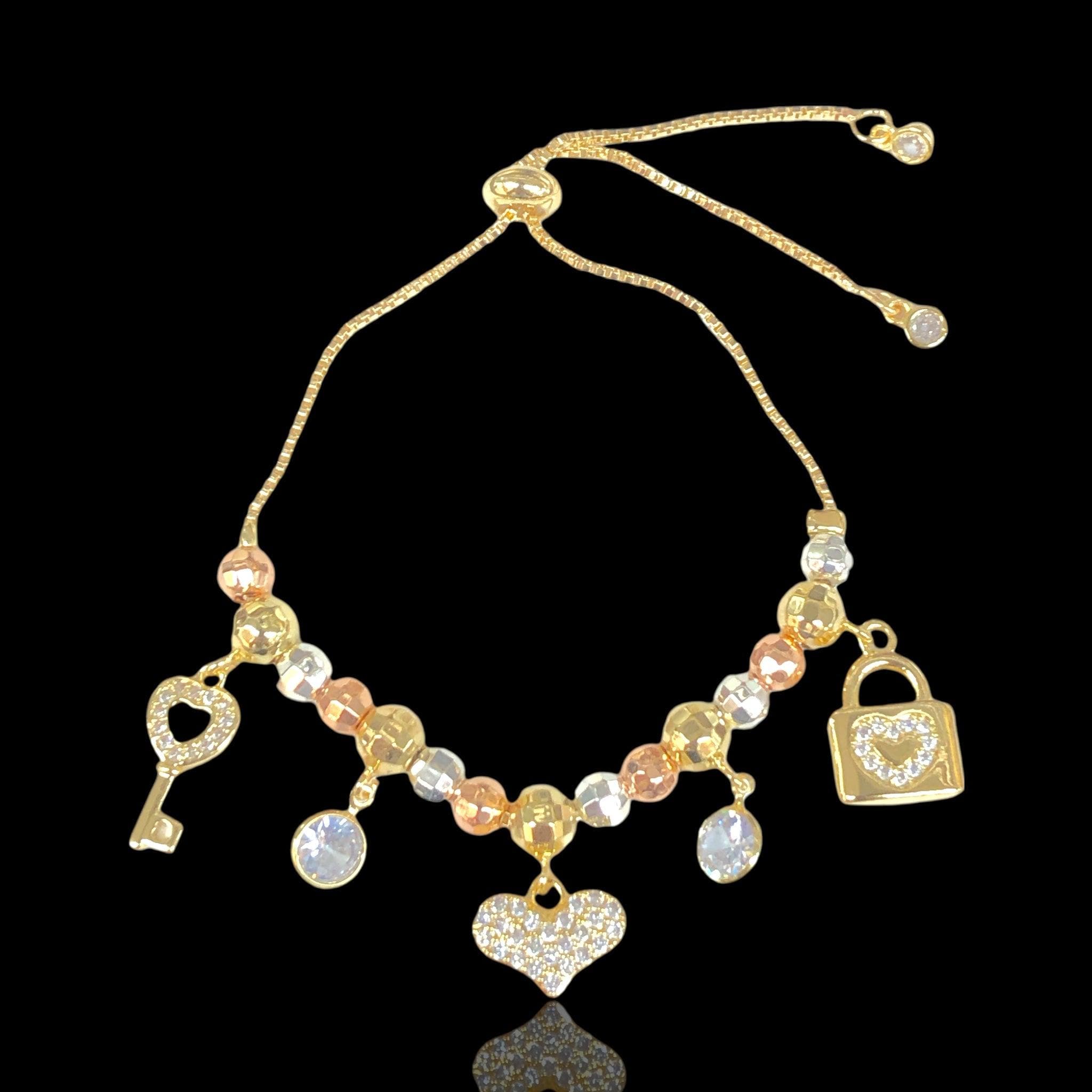 OLB 0334 18k Gold Filled Pandora Heart Charms Bracelet- KUANIA ORO LAMINADO