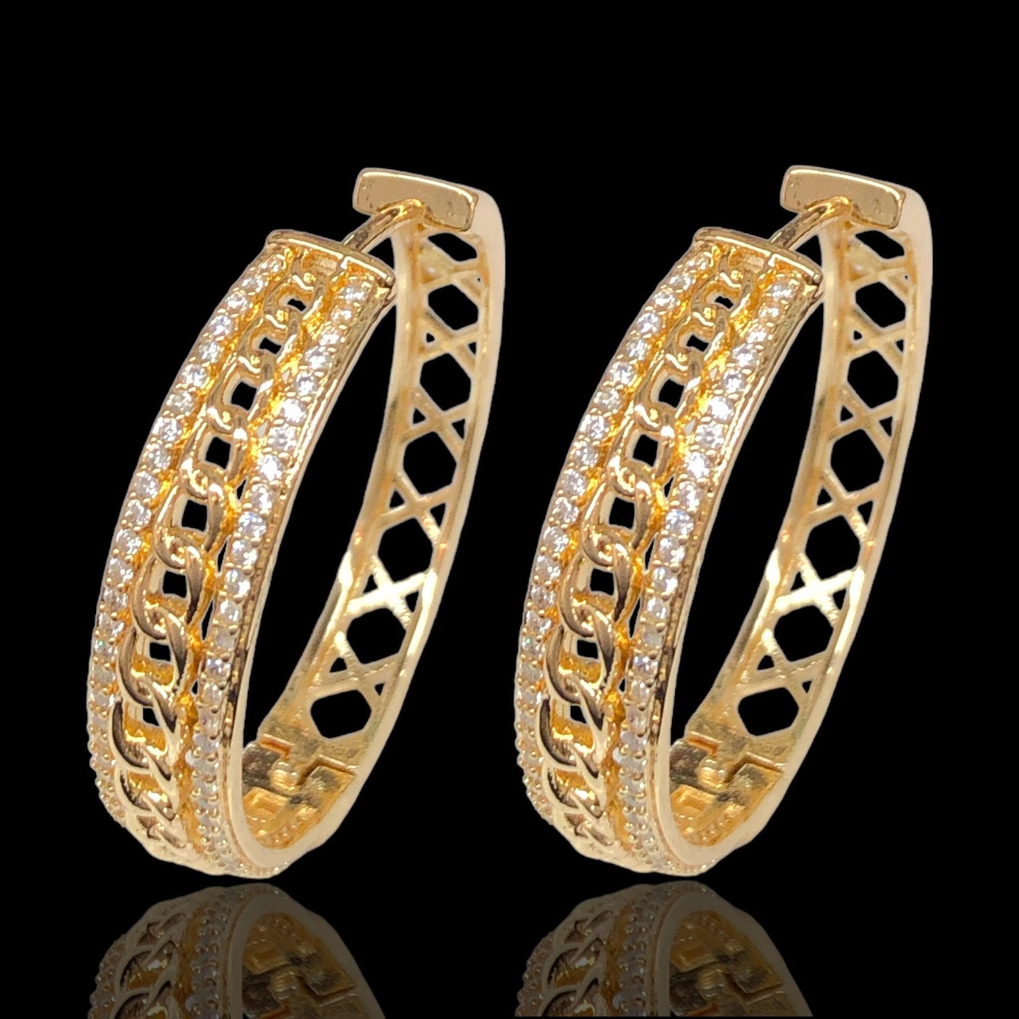 18K Gold Filled Miami Cuban Chain CZ Hoop Earrings Oro Laminado Kuania
