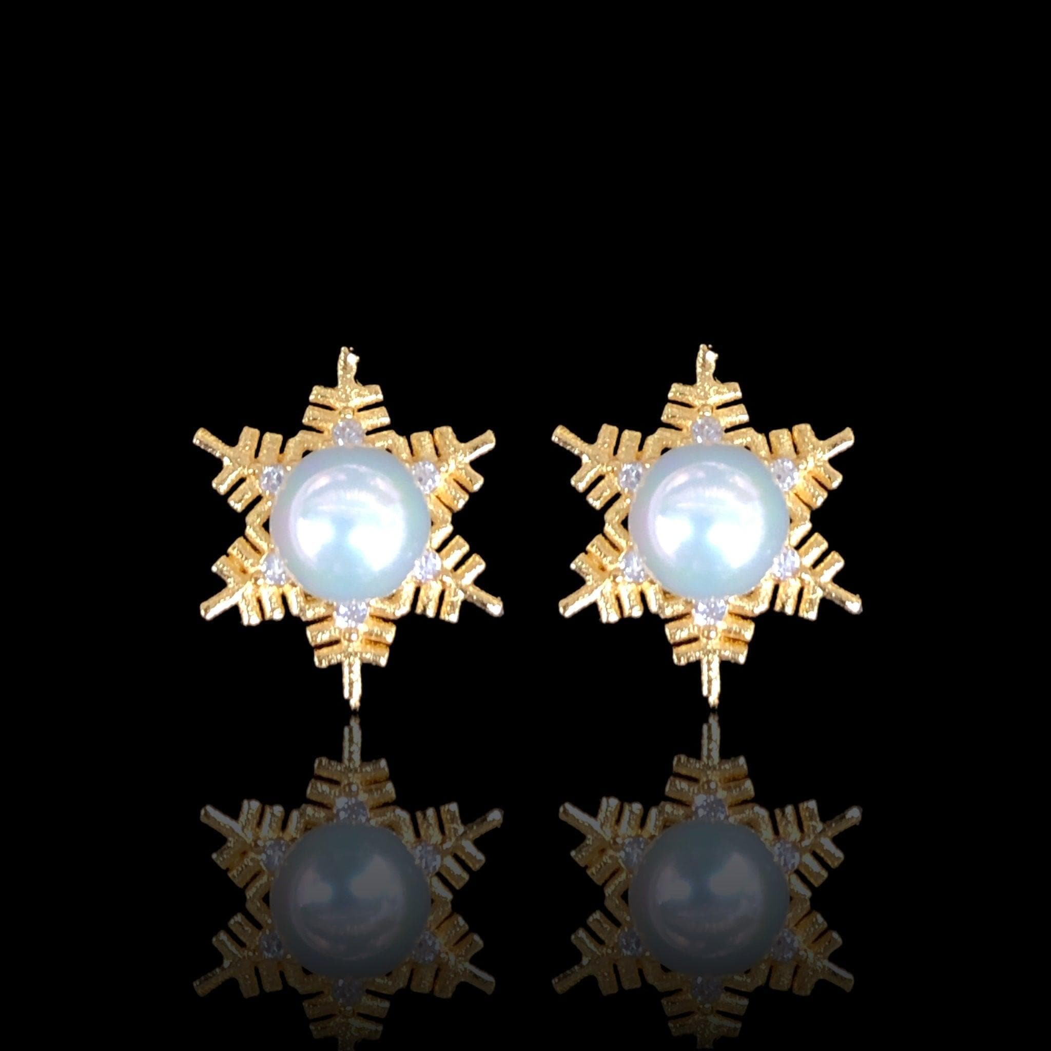 OLE 0626 18K Gold Filled Norway Snowflake Pearl Stud Earrings Kuania Oro Laminado