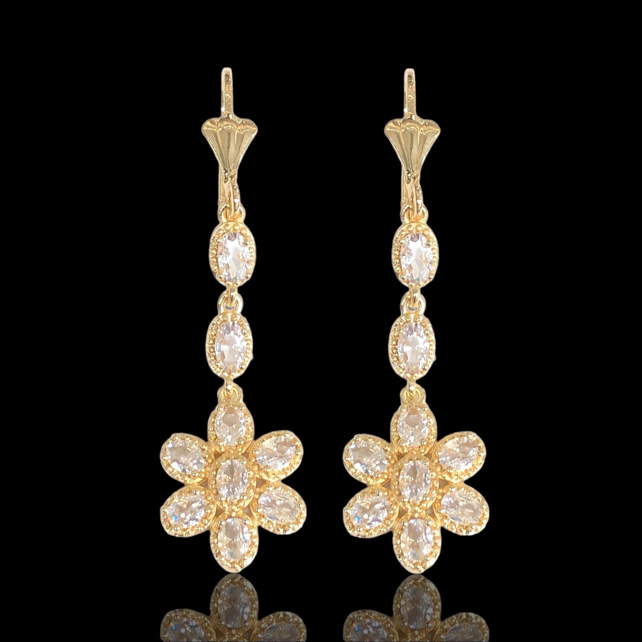 OLE 0634 18K Gold Filled Sun Flower CZ Dangle Earrings- KUANIA ORO LAMINADO