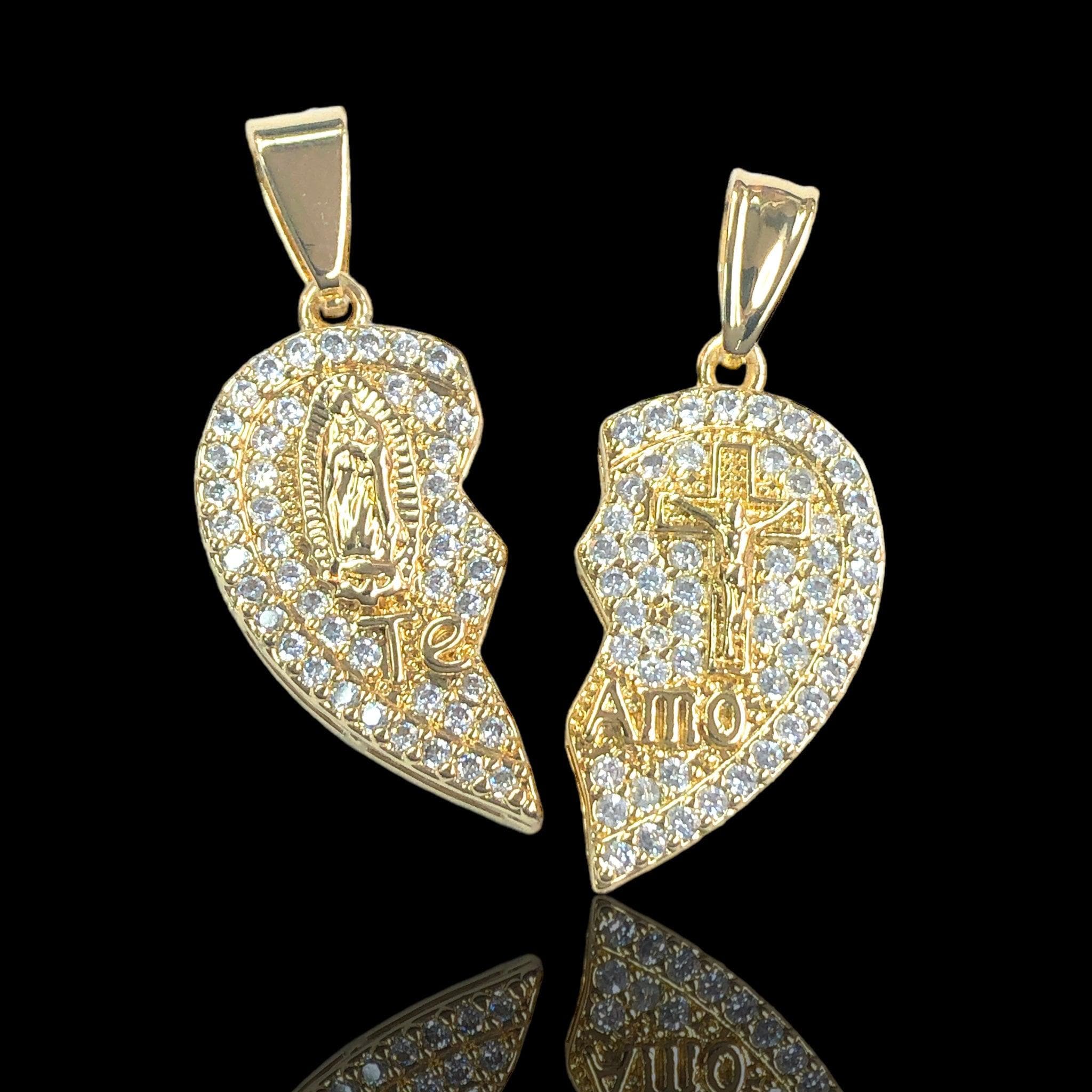 18K Gold Filled Guadalupe &amp; Jesus Split Heart Pendant - kuania oro laminado