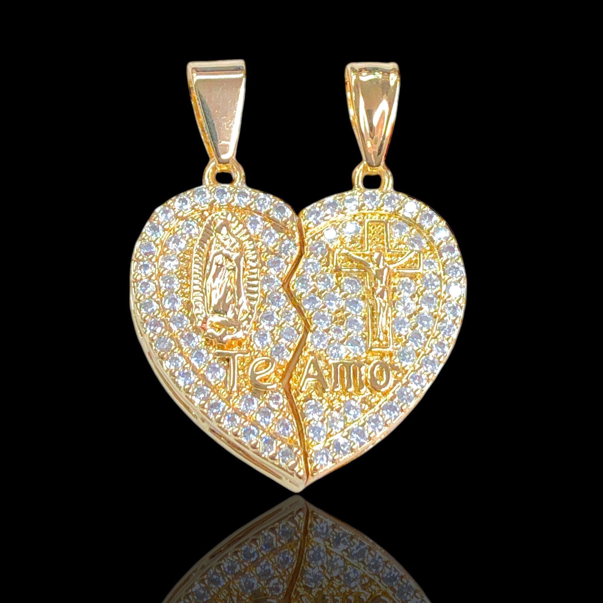 18K Gold Filled Guadalupe &amp; Jesus Split Heart Pendant - kuania oro laminado