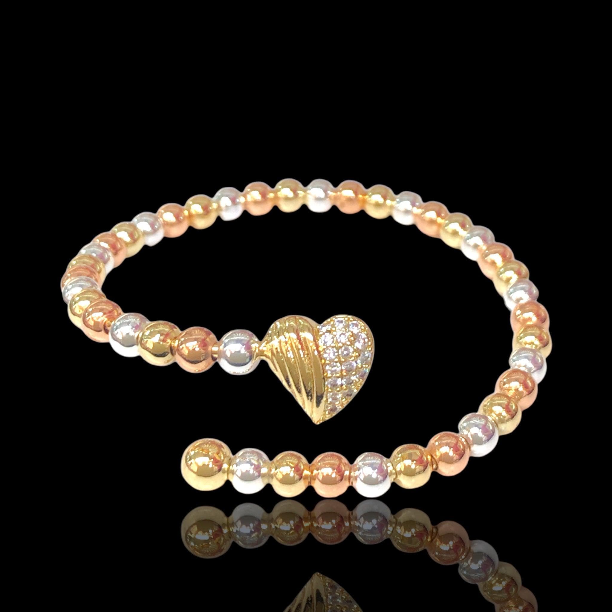 18k Gold Filled 5mm Beads Heart Bracelet Bangle- KUANIA ORO LAMINADO