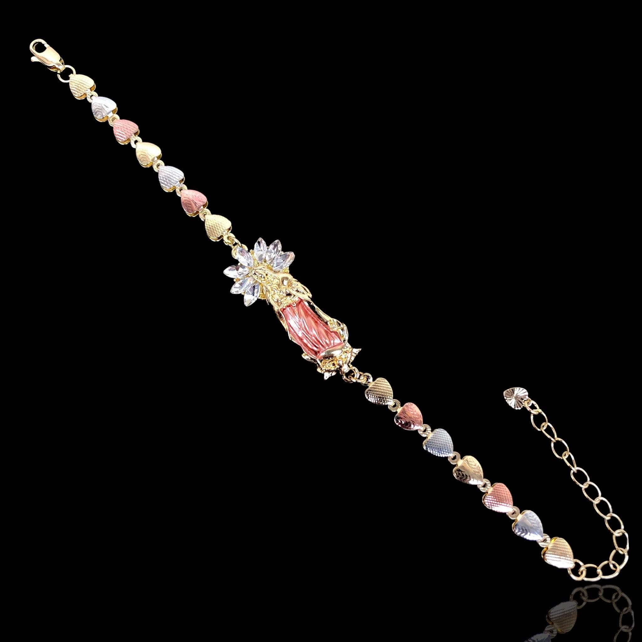 Gold Filled Oro Laminado Guadalupe CZ Heart Tricolor Bracelet