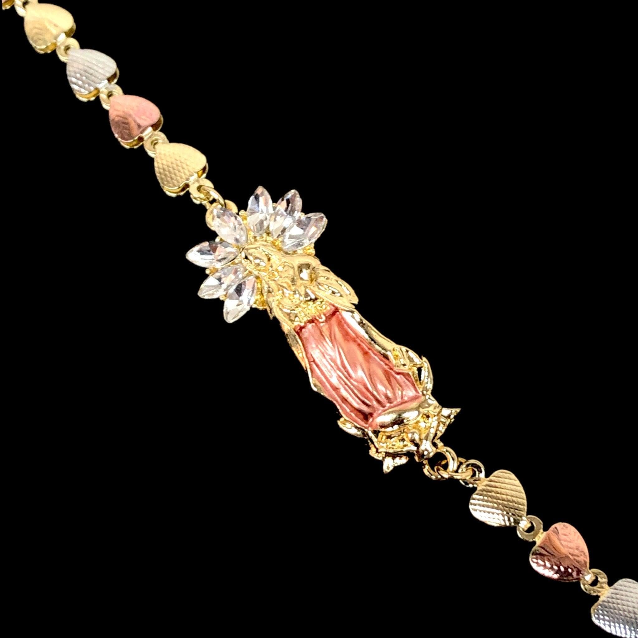 Gold Filled Oro Laminado Guadalupe CZ Heart Tricolor Bracelet