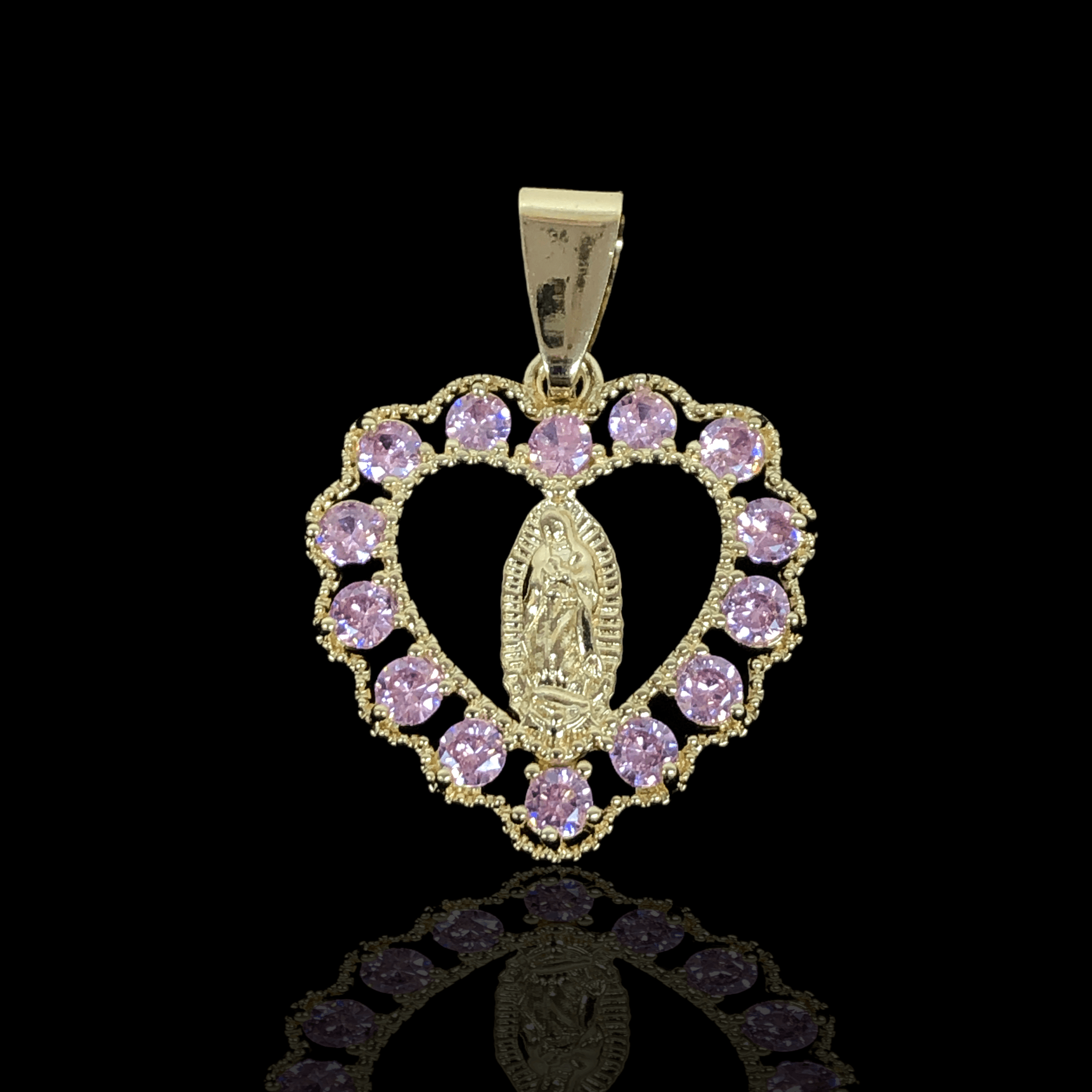 Oro Laminado Gold Filled CZ Guadalupe Heart Pendant