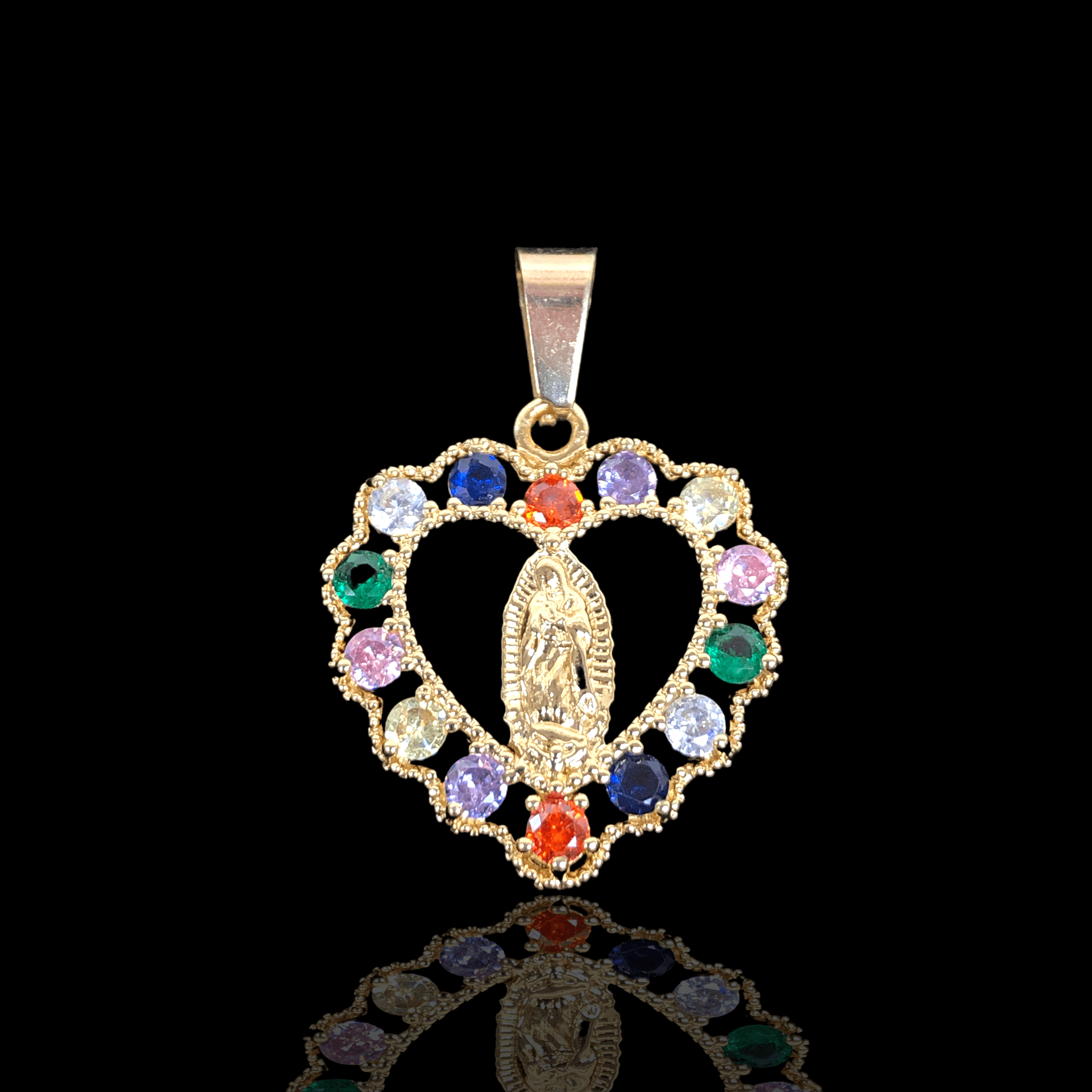 Oro Laminado Gold Filled CZ Guadalupe Heart Pendant