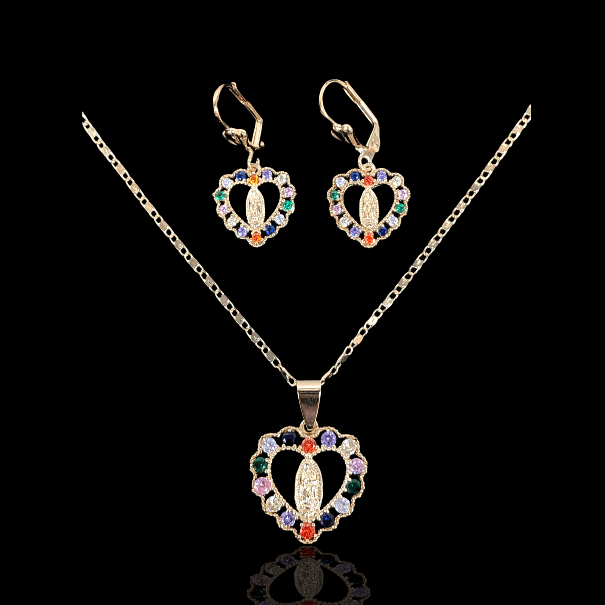 Oro Laminado Gold Filled Lady Guadalupe Zirconia Heart Set