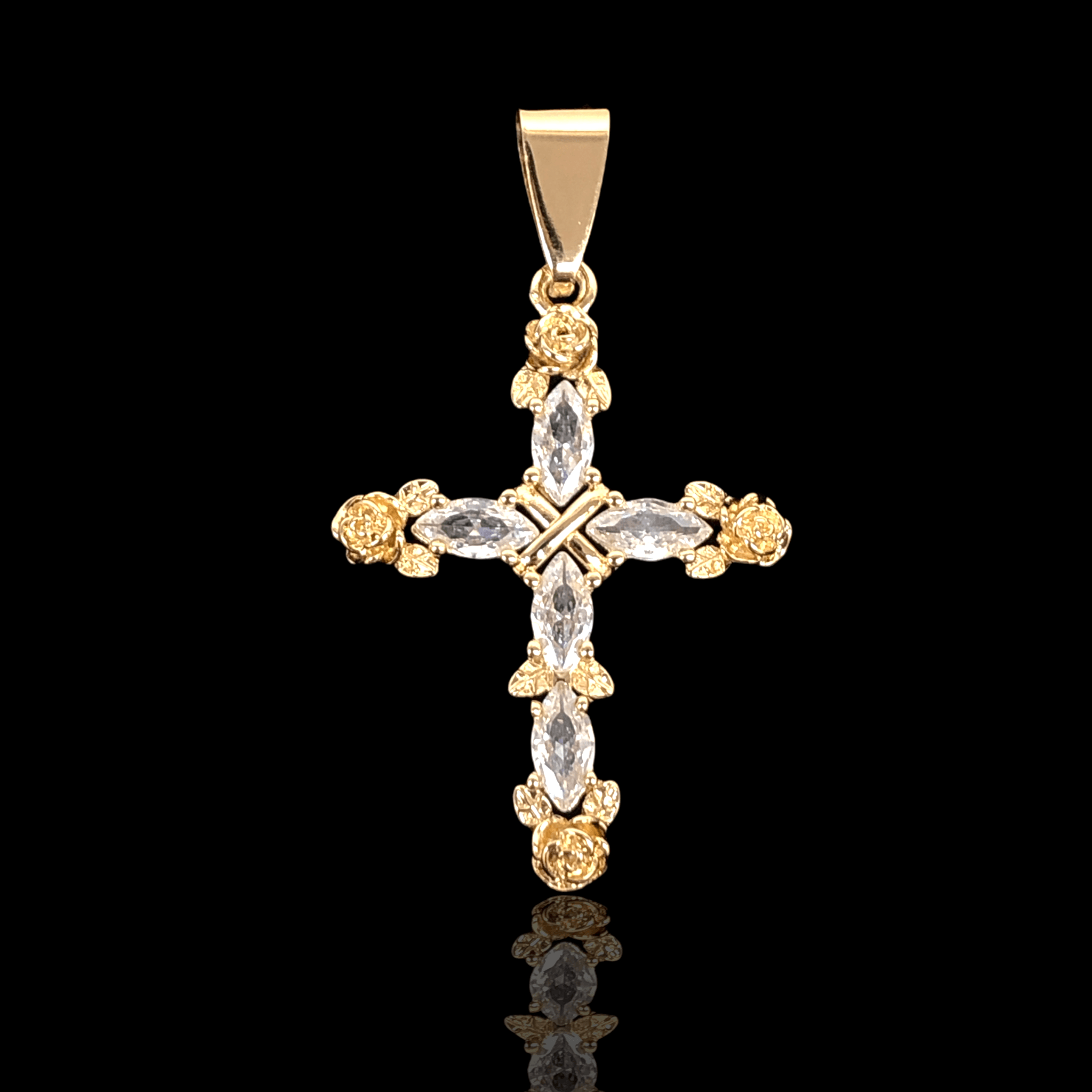 Oro Laminado Gold Filled Rose Flower Cross Zirconia Pendant