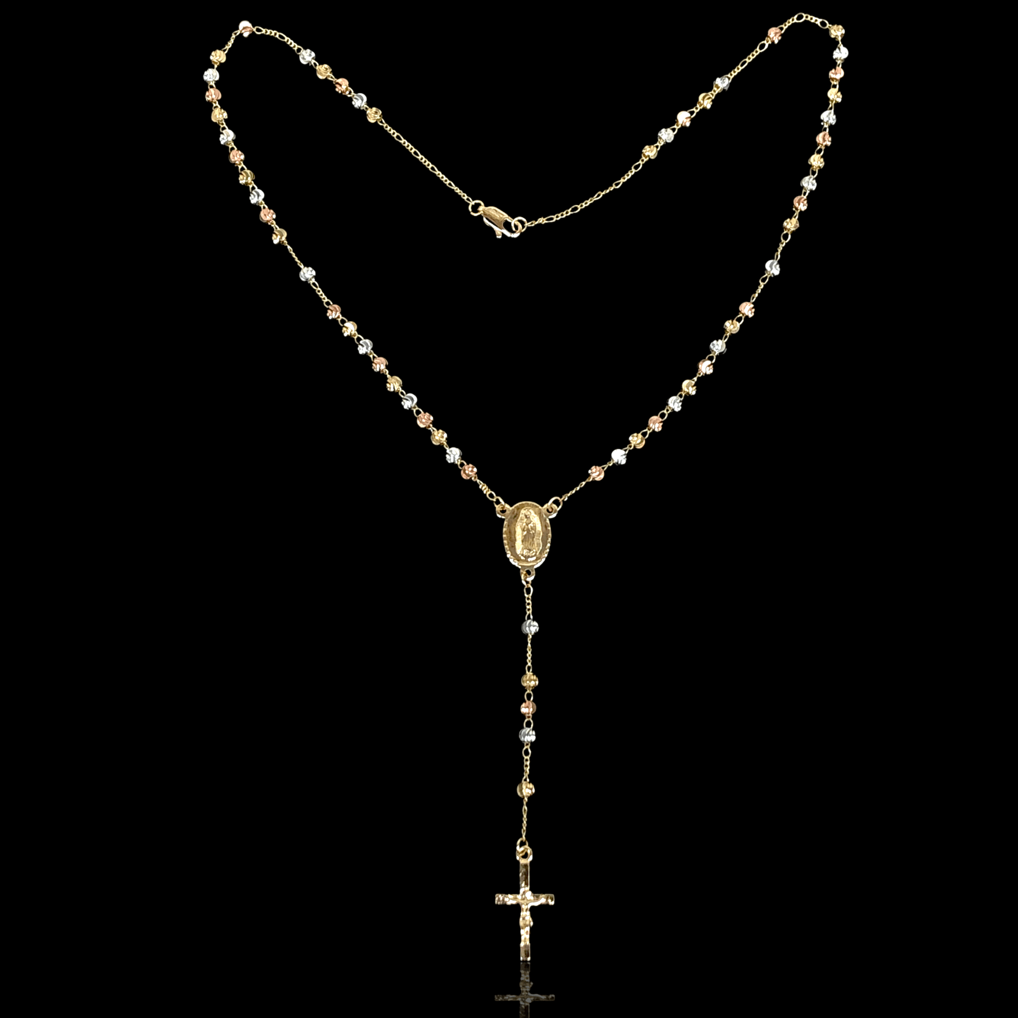 Oro Laminado Gold Filled Tricolor 4mm Cross Cut Beads Rosary