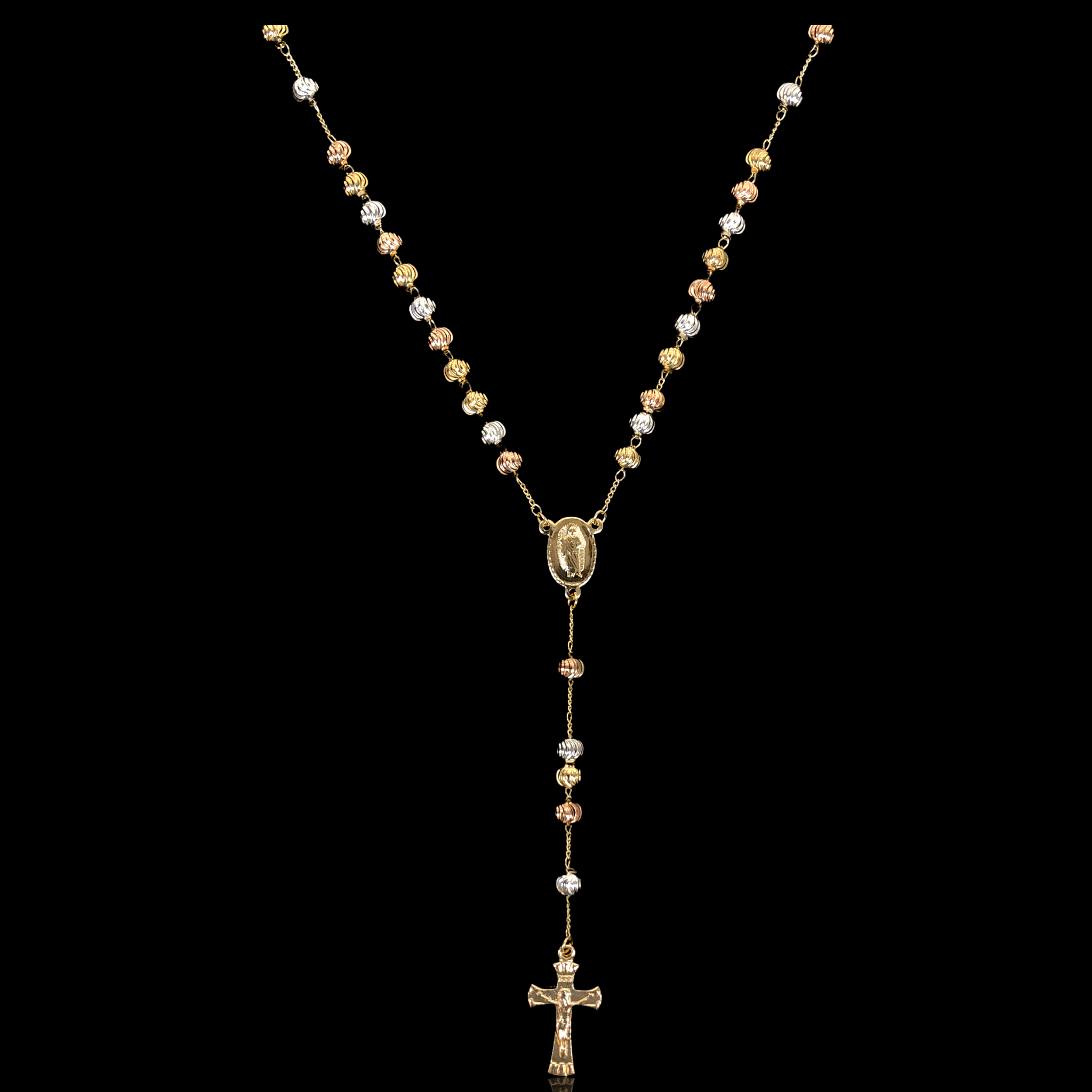 Oro Laminado Gold Filled Tricolor 6mm Cross Cut Bead Rosary