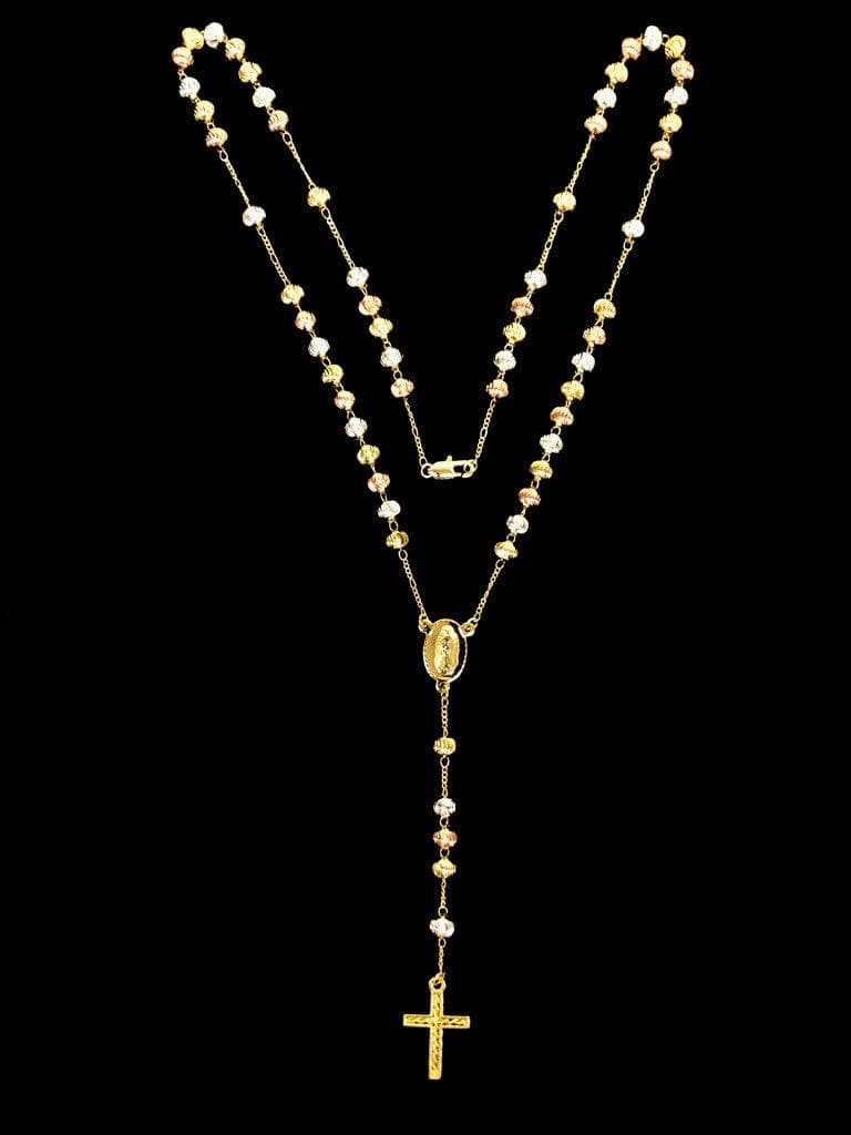 Oro Laminado Gold Filled Tricolor 6mm Cross Cut Bead Rosary