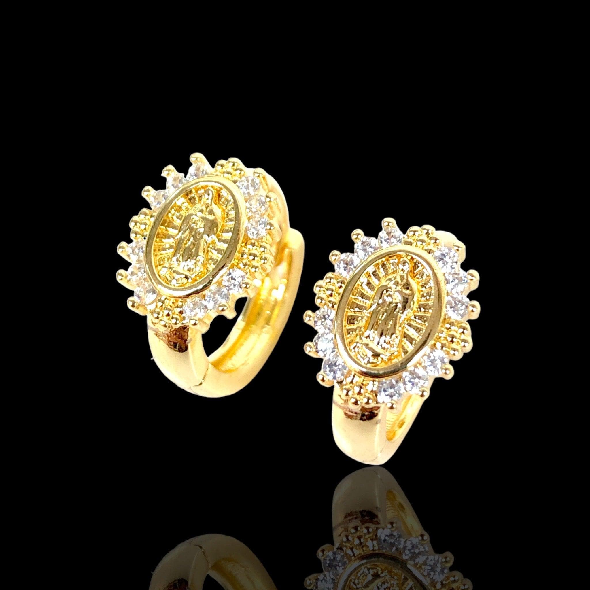 Oro Laminado Gold Filled Virgin Guadalupe CZ Huggie Earrings