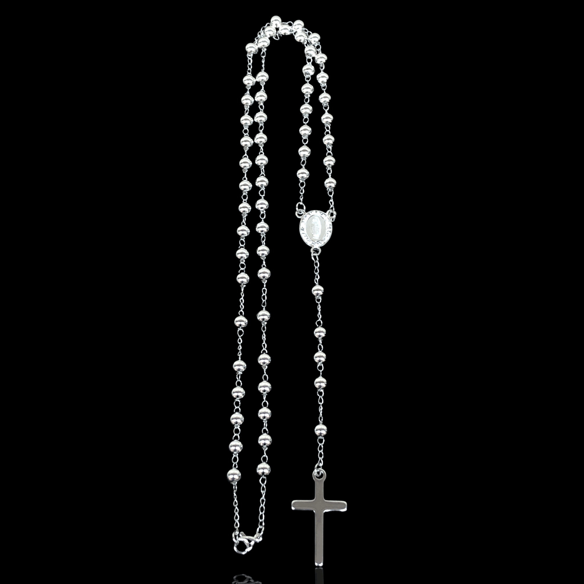 Rhodium Layered Stainless Steel 6mm Beads Rosary Necklace